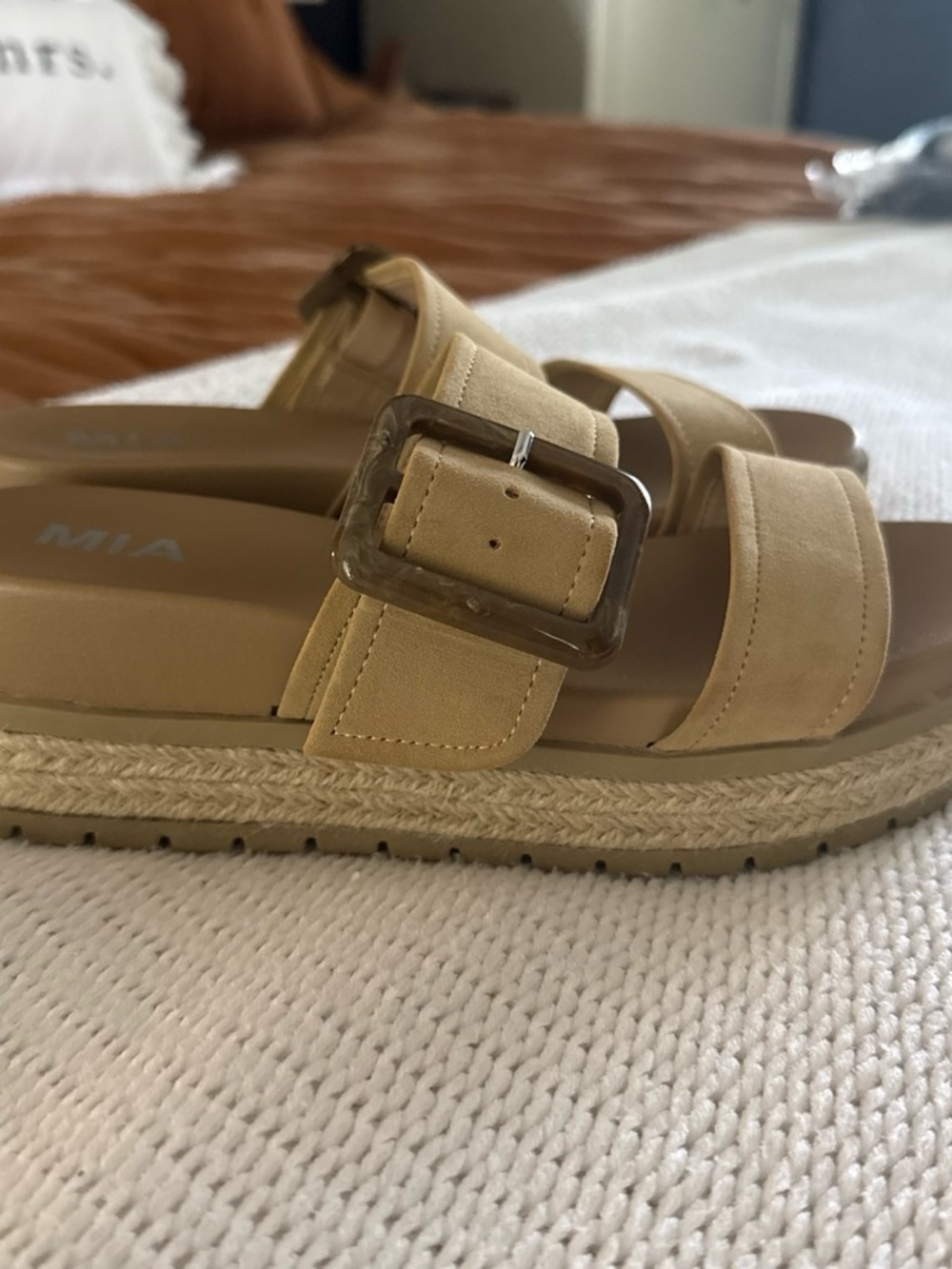 MIA Beige Espadrille Slide Sandals with Tortoiseshell Buckle